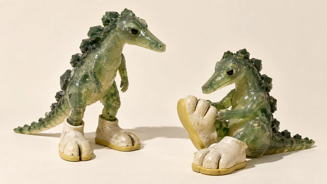 Two translucent green resin dinosaurs wear oversized ivory shoes with yellow soles. One stands in split-toe boots; the other sits inspecting a three-toed shoe against a warm ivory background.