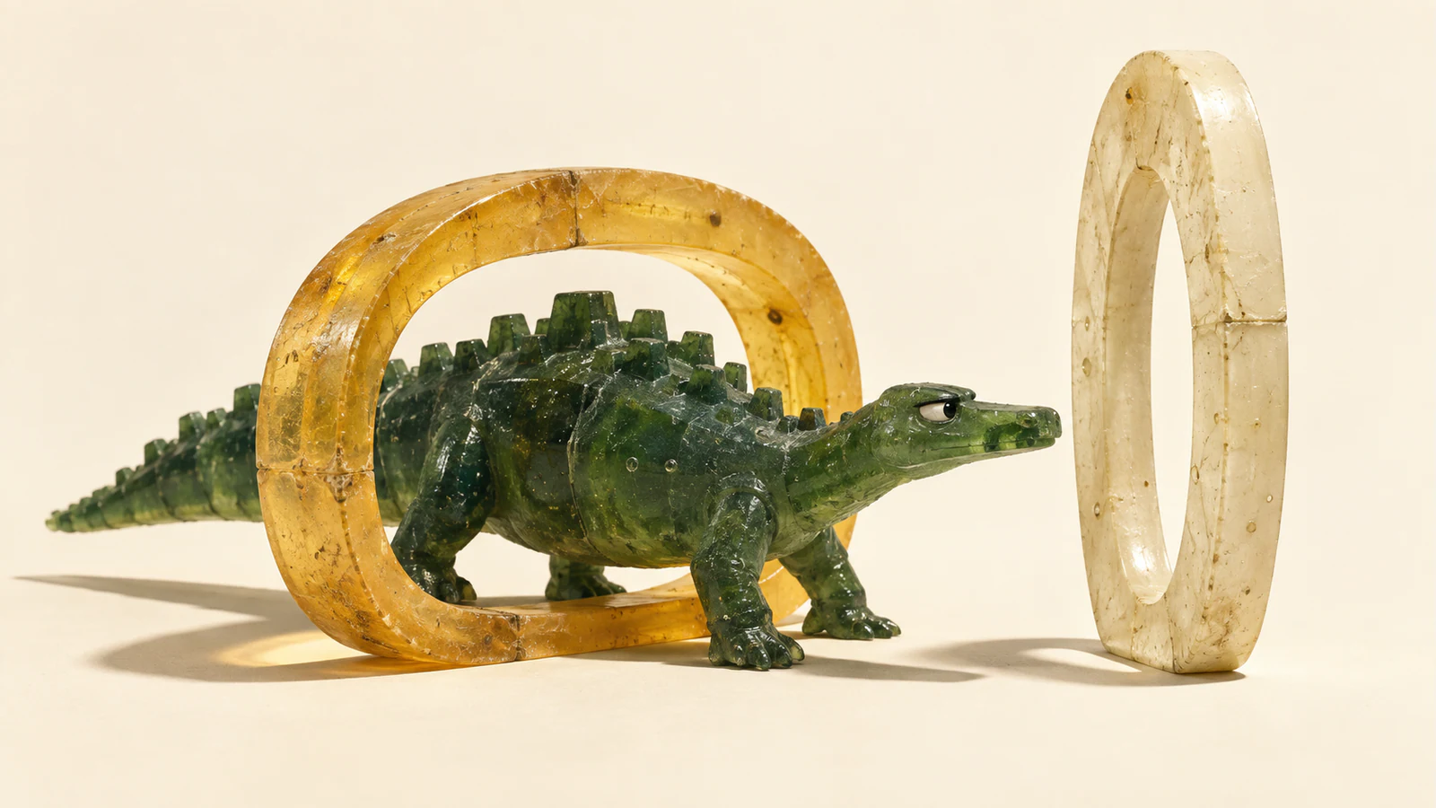 A skeptical green resin dinosaur steps through a broad amber hoop toward a separate tall, narrow ivory hoop. Bubbles, seams and hard shadows emphasize the handmade miniature on a warm ivory background.