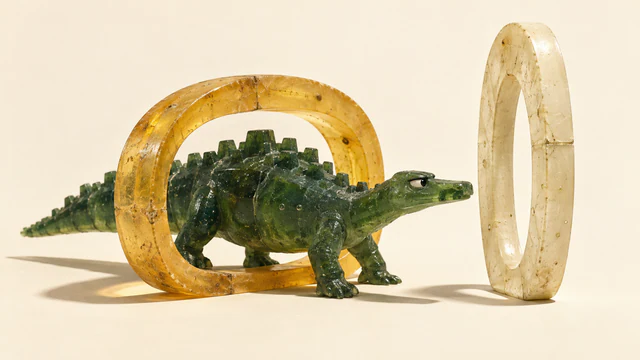 A skeptical green resin dinosaur steps through a broad amber hoop toward a separate tall, narrow ivory hoop. Bubbles, seams and hard shadows emphasize the handmade miniature on a warm ivory background.
