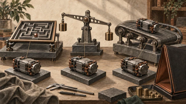 Three identical model modules sit before different independent physical test fixtures.