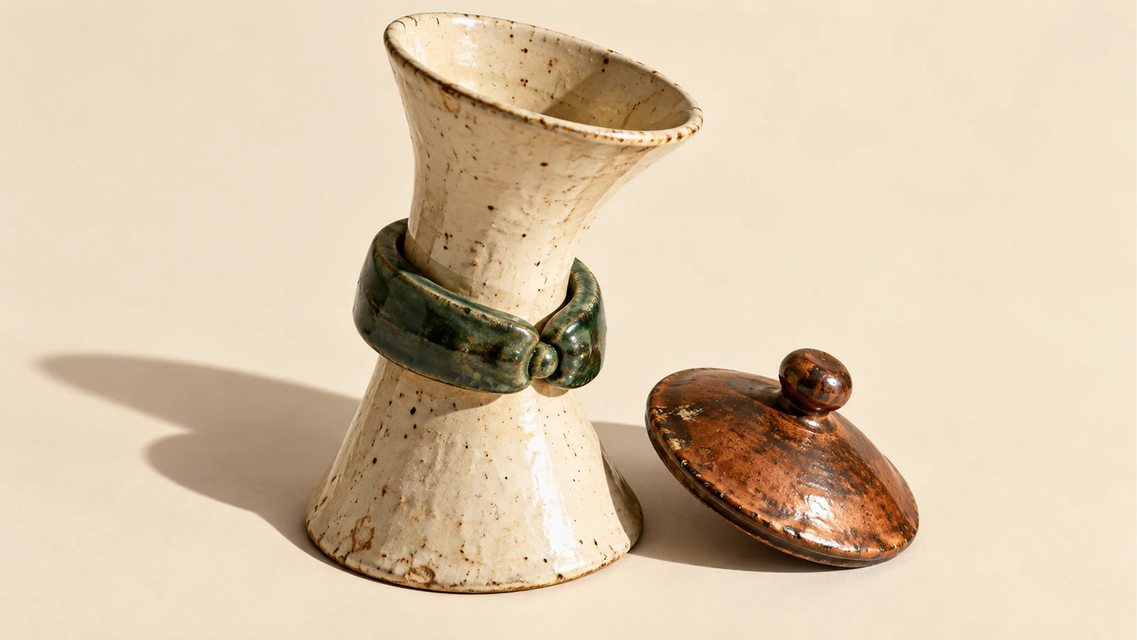 A speckled ivory ceramic vessel with an open, flared mouth wears a closed forest-green clasp around its waist. A copper-colored lid rests beside it, casting shadows across an ivory surface.