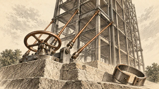 A copper control mechanism anchored in a stone foundation connects to an open steel structure above, with a detached limiting collar beside it.