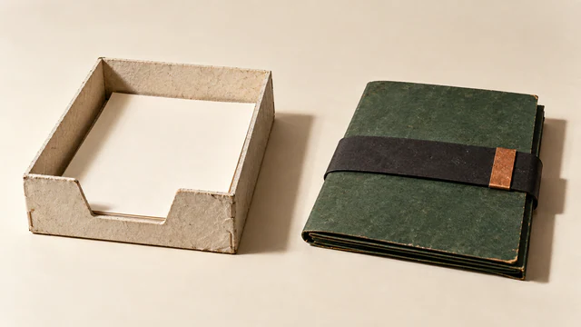 An ivory paperboard intake tray holds blank sheets beside a separate closed forest-green folder wrapped with a black band and copper tab. Both cast hard shadows on a warm-ivory surface.