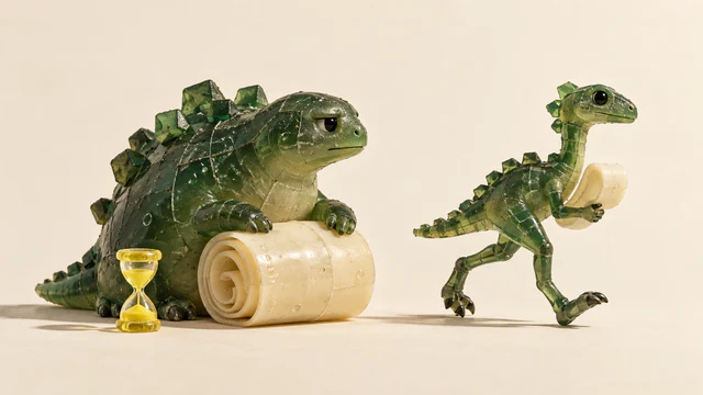 Two handmade green resin dinosaurs on ivory: a squat dinosaur rests behind a large cream scroll beside a yellow hourglass, while a slender dinosaur strides with a smaller scroll.