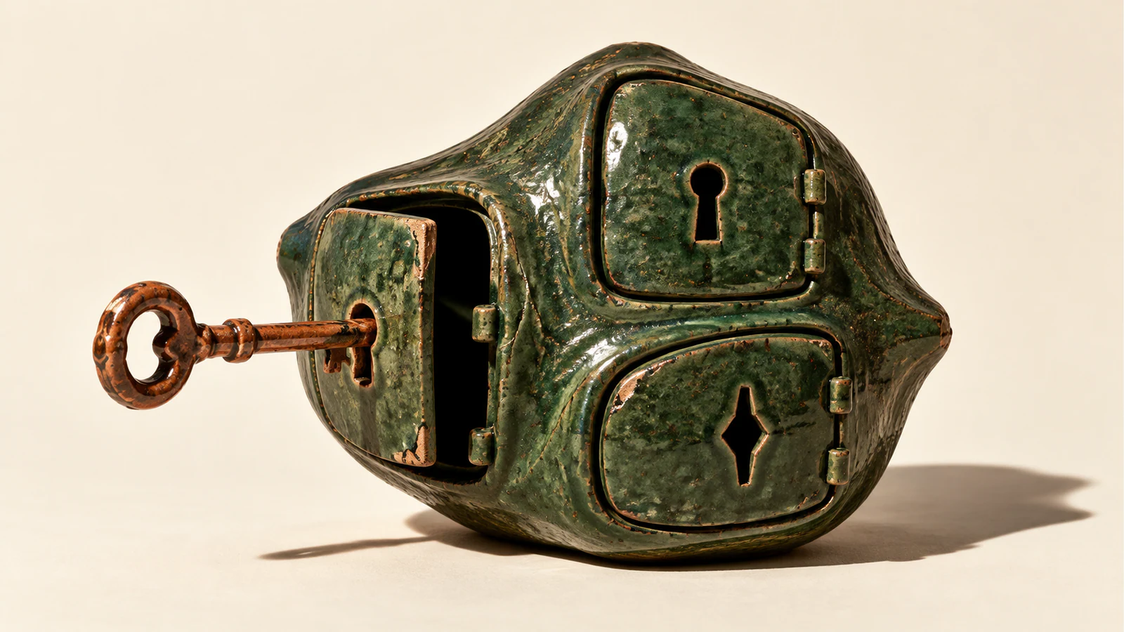 A weathered forest-green ceramic pod has one door ajar and two closed doors with different keyholes. A copper-colored key projects from the open door against an ivory background.
