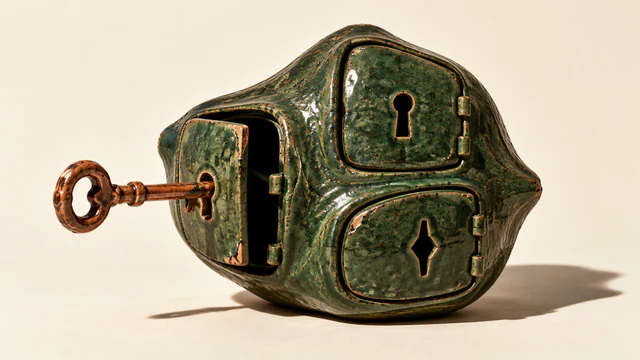 A weathered forest-green ceramic pod has one door ajar and two closed doors with different keyholes. A copper-colored key projects from the open door against an ivory background.