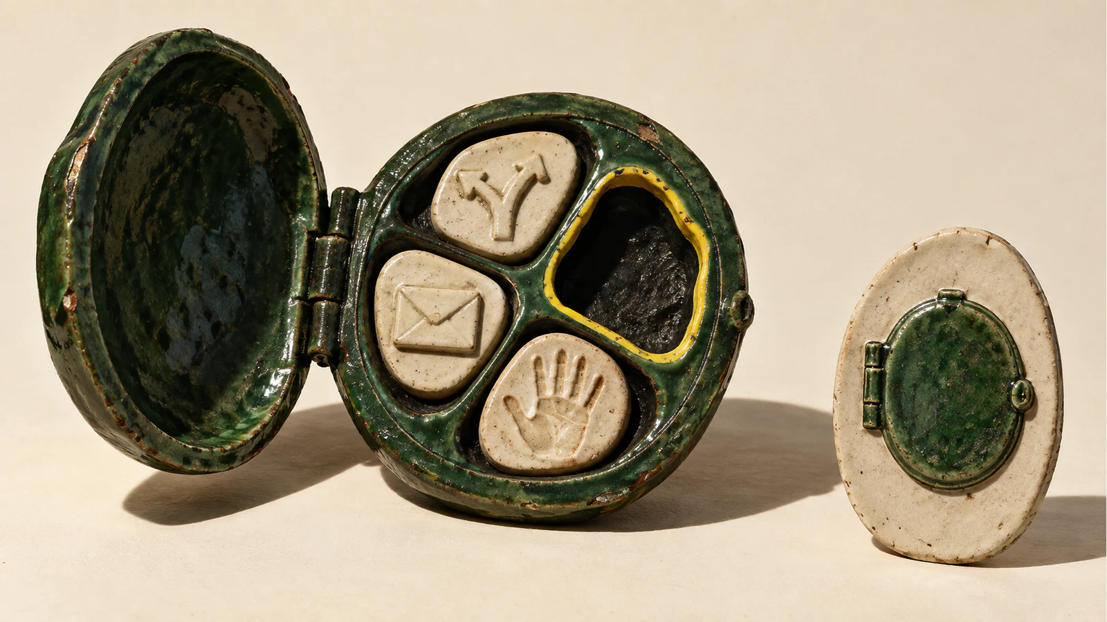 An open, weathered green ceramic locket holds ivory tokens depicting branching arrows, an envelope and a handprint. A fourth, yellow-rimmed recess is empty. Beside it stands an ivory plaque depicting the closed locket, on a warm cream background.