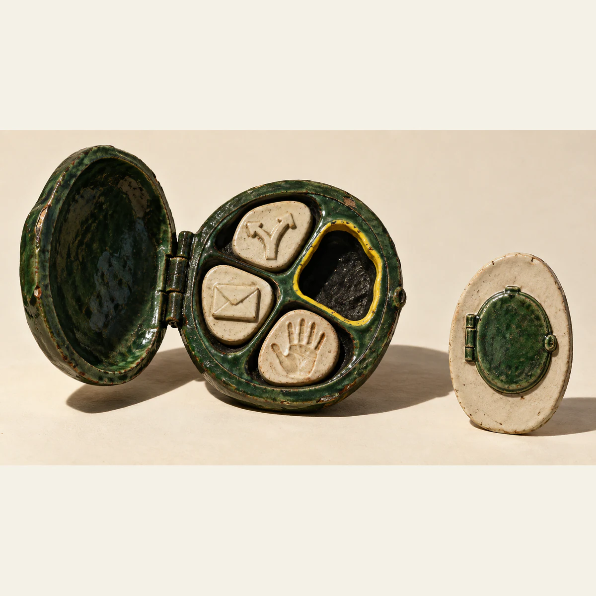 An open, weathered green ceramic locket holds ivory tokens depicting branching arrows, an envelope and a handprint. A fourth, yellow-rimmed recess is empty. Beside it stands an ivory plaque depicting the closed locket, on a warm cream background.