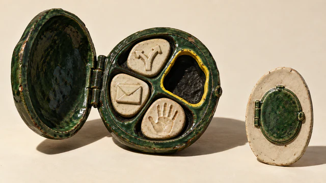 An open, weathered green ceramic locket holds ivory tokens depicting branching arrows, an envelope and a handprint. A fourth, yellow-rimmed recess is empty. Beside it stands an ivory plaque depicting the closed locket, on a warm cream background.
