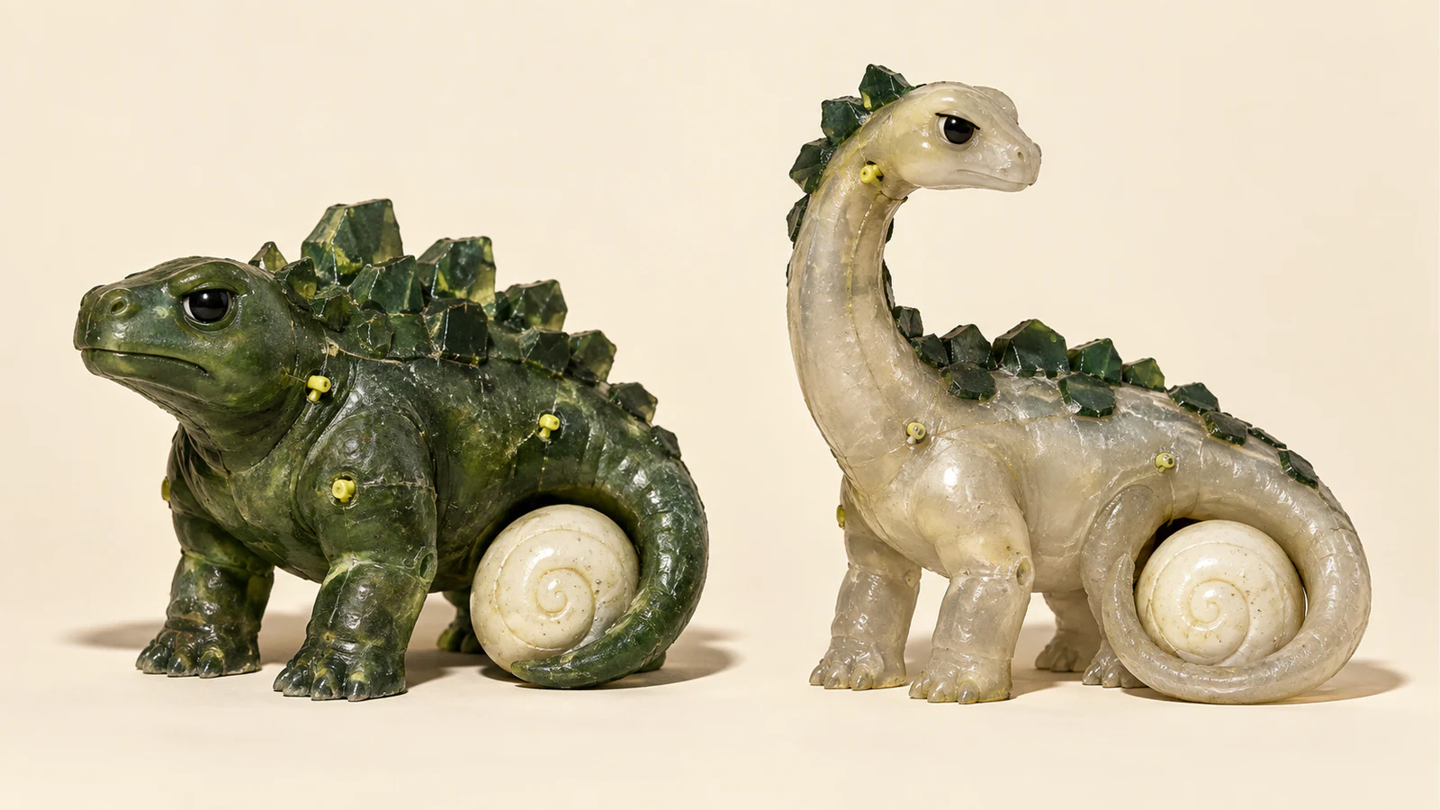 Two scuffed resin dinosaurs, one squat and green, the other tall and ivory, curl their tails around separate spiral eggs on a warm-ivory background. Yellow pins punctuate their visible seams.