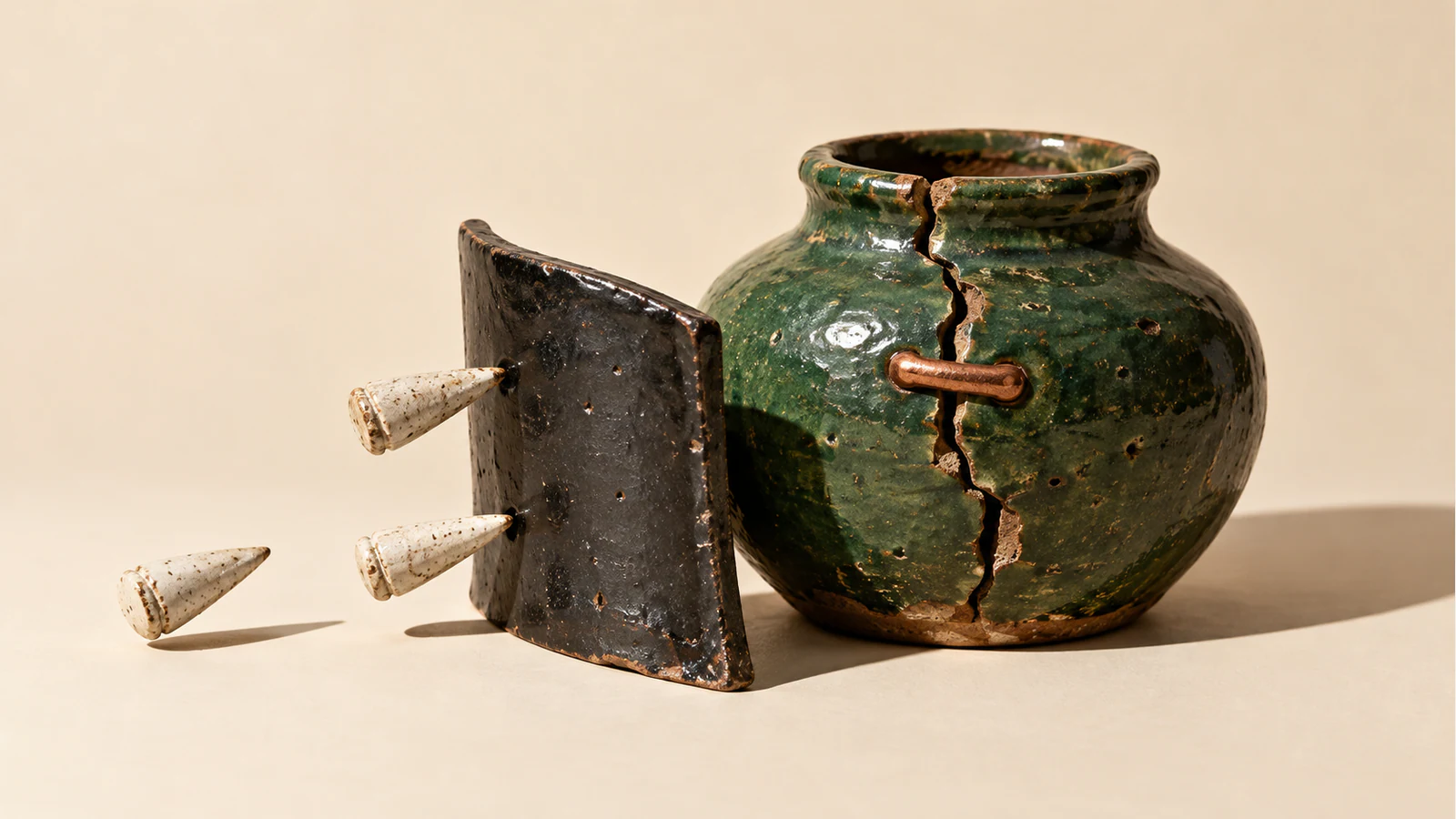 A cracked green ceramic vessel with a copper-colored repair staple stands behind a curved black ceramic shield. Two ivory projectiles meet the shield while a third approaches, casting hard shadows on a warm ivory surface.