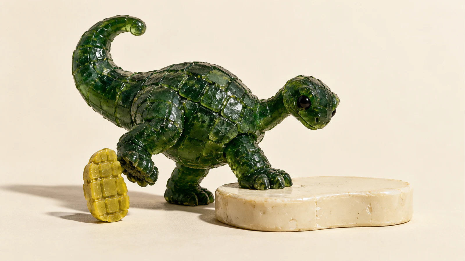 A translucent green resin dinosaur rests one front foot on a low ivory platform. A detached yellow sole stands beside its raised rear foot, with hard shadows across the warm ivory background.