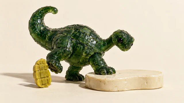 A translucent green resin dinosaur rests one front foot on a low ivory platform. A detached yellow sole stands beside its raised rear foot, with hard shadows across the warm ivory background.