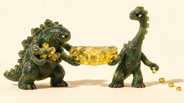 Two imperfect green resin dinosaurs jointly hold a translucent yellow block on an ivory background. The squat dinosaur gathers yellow chunks; the long-necked dinosaur releases one beside a short trail.