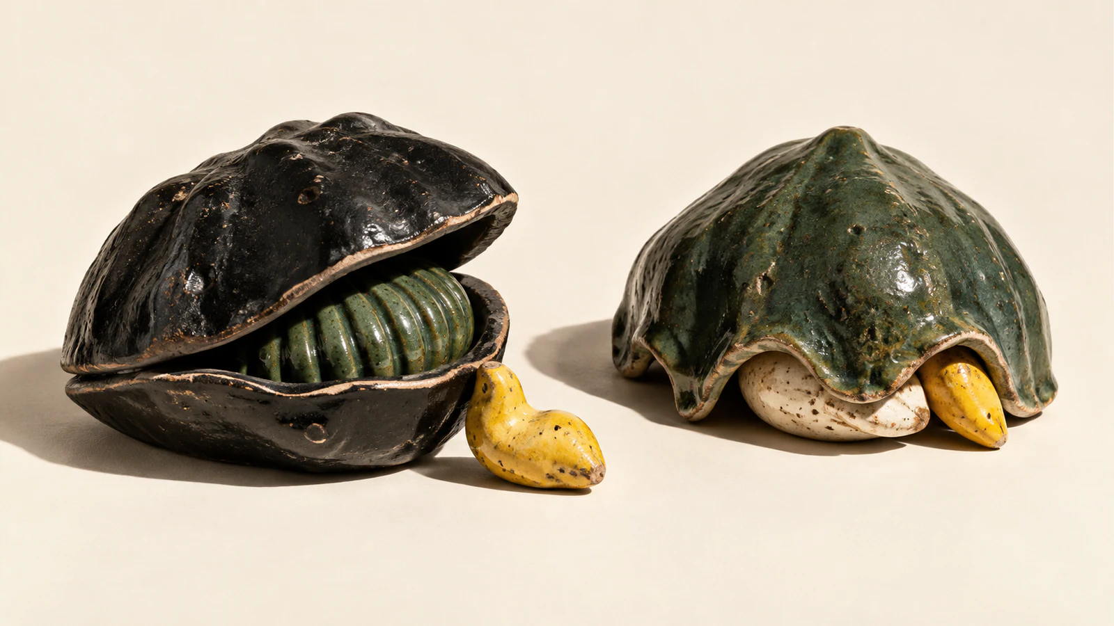 Two chipped ceramic shelters on ivory: a black clamshell holds a ribbed green form beside an uncovered yellow piece; a green canopy partly covers ivory and yellow forms.