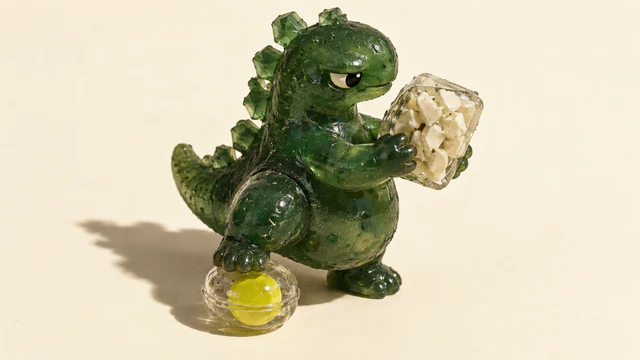 A skeptical green resin dinosaur examines a clear block containing ivory chips, resting one foot on a closed capsule containing a yellow disc. Hard shadows fall across the warm ivory background.