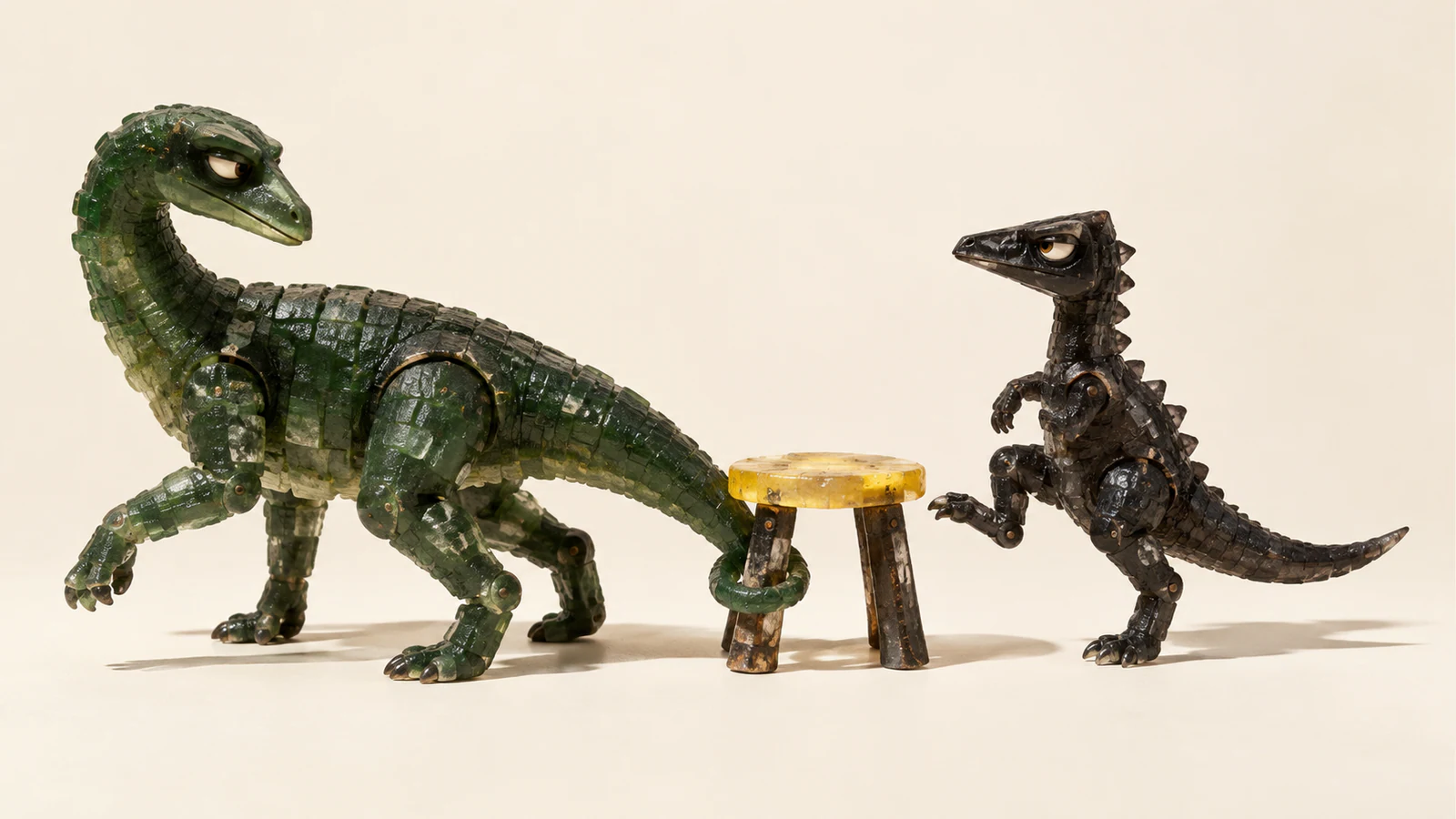 Two jointed resin dinosaurs flank a yellow-topped stool on an ivory background. The larger green dinosaur walks away with its tail wrapped around a stool leg; the smaller black dinosaur raises a foot toward the seat.