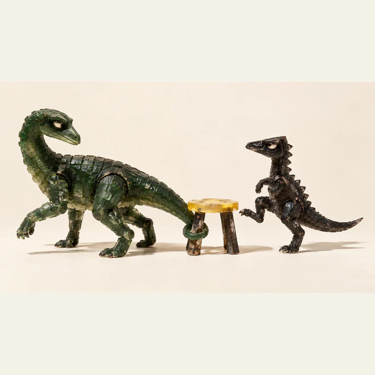 Two jointed resin dinosaurs flank a yellow-topped stool on an ivory background. The larger green dinosaur walks away with its tail wrapped around a stool leg; the smaller black dinosaur raises a foot toward the seat.