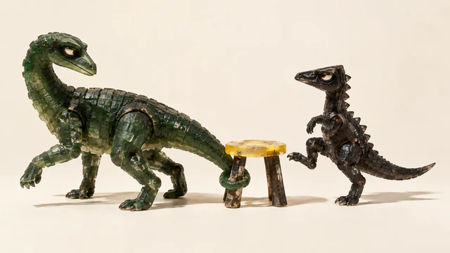 Two jointed resin dinosaurs flank a yellow-topped stool on an ivory background. The larger green dinosaur walks away with its tail wrapped around a stool leg; the smaller black dinosaur raises a foot toward the seat.