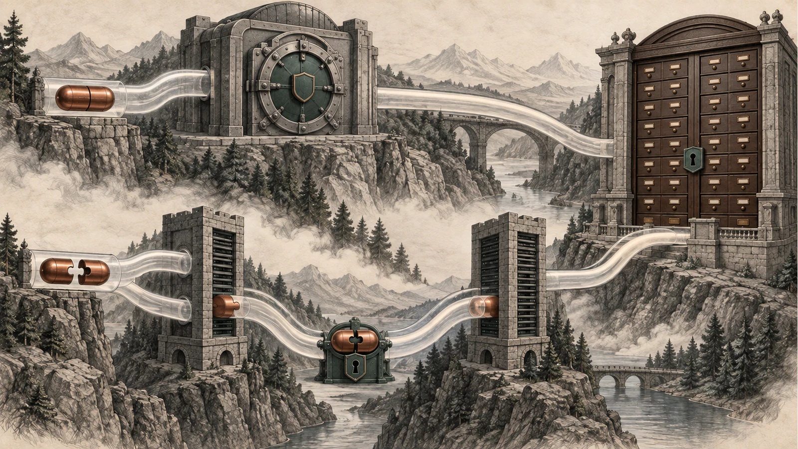 One sealed capsule enters an opaque enclave vault while another splits across two distant server towers and rejoins only at a locked corpus cabinet.