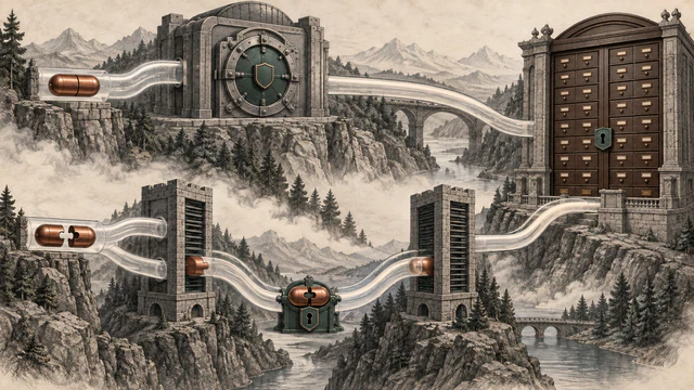 One sealed capsule enters an opaque enclave vault while another splits across two distant server towers and rejoins only at a locked corpus cabinet.