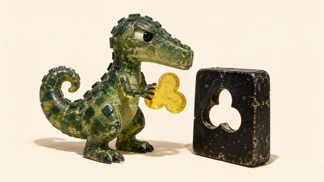A skeptical green resin dinosaur holds a yellow three-lobed piece beside a matching opening in a scuffed black slab, against a warm ivory background.