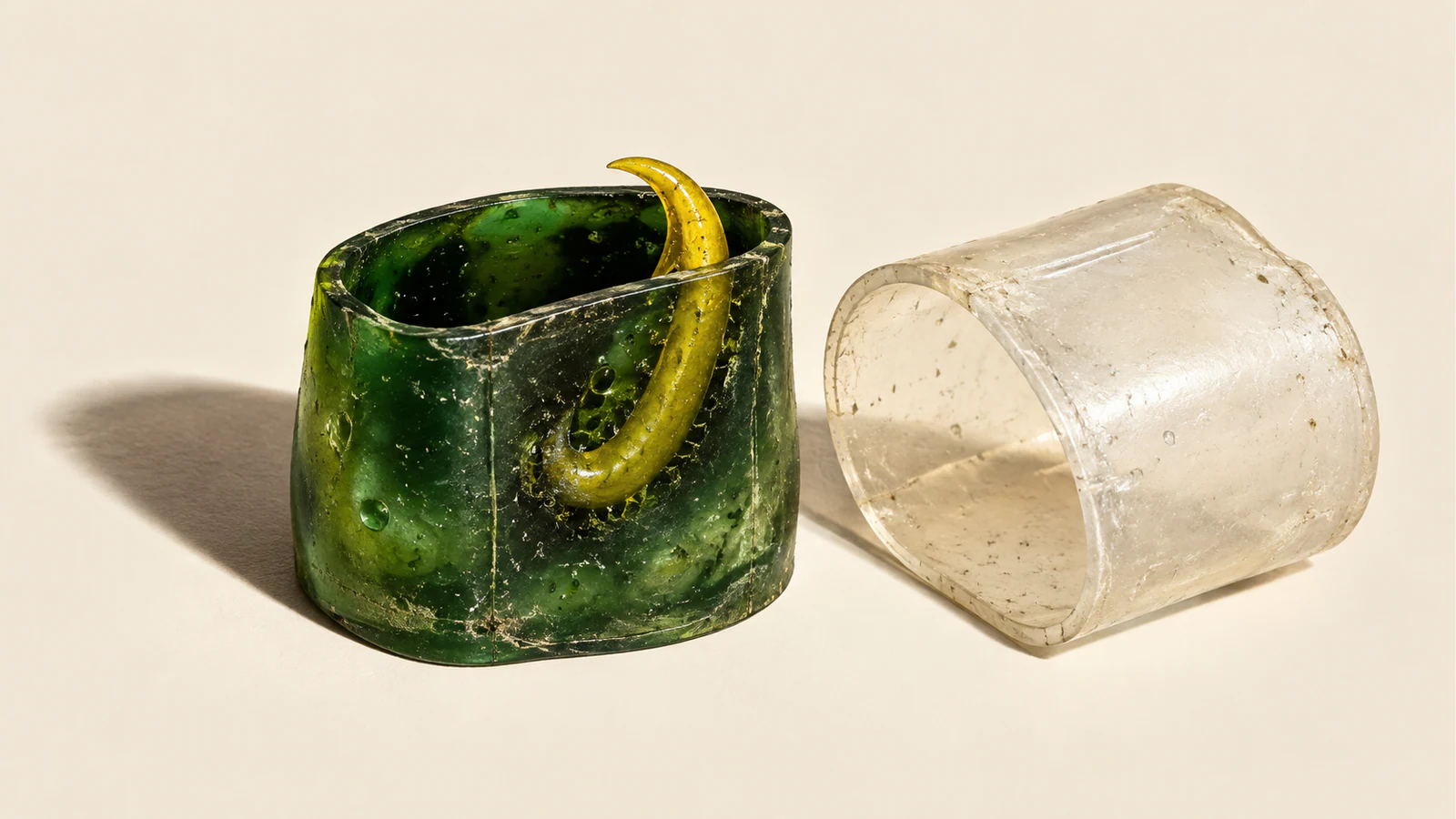 A yellow hooked barb remains embedded inside a scuffed green resin vessel beside a detached clear sleeve, casting hard shadows across an ivory surface.