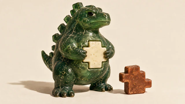 A scuffed translucent green dinosaur holds an ivory insert fitted into its belly. A copper insert with a different outline stands beside it, casting a shadow on the warm-ivory ground.