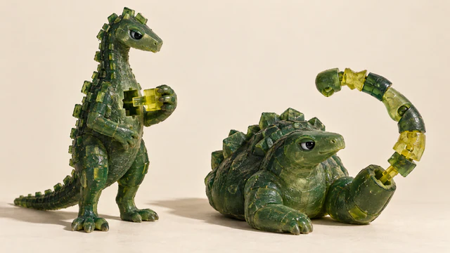 Two handmade translucent green resin dinosaurs on ivory: an upright creature aligns a yellow plug with its belly socket, while a squat creature raises a curved, segmented appendage. Bubbles, seams and hard shadows emphasize their physical construction.