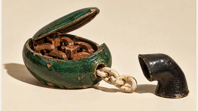 An open, chipped green ceramic vessel holds copper-colored interlocking parts. Ivory chain links emerge toward a separate black ceramic viewing hood on a warm ivory surface.
