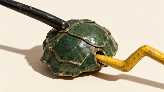 A chipped green ceramic shell on ivory, with a black probe touching its overlapping plates and a bent yellow probe entering a side opening. Hard shadows extend across the background.