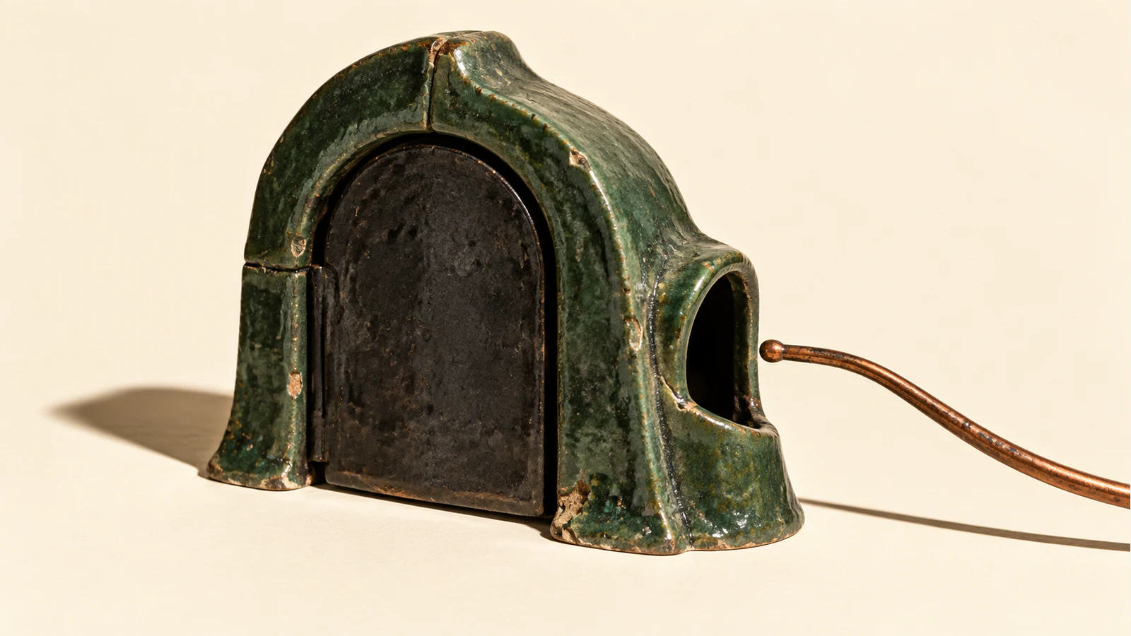 A chipped forest-green ceramic enclosure has a closed black front door and a dark side opening. A copper-colored probe curves in from the right, stopping outside the opening, against warm ivory with hard shadows.