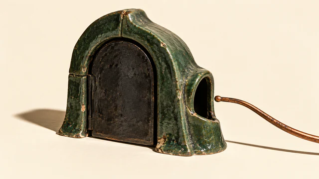 A chipped forest-green ceramic enclosure has a closed black front door and a dark side opening. A copper-colored probe curves in from the right, stopping outside the opening, against warm ivory with hard shadows.