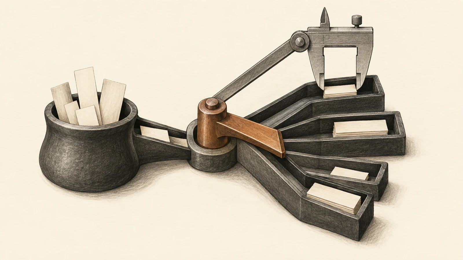 Graphite illustration on warm ivory paper: blank slips pass from a dark vessel toward a copper diverter and four receiving channels. An oversized caliper brackets one destination and connects to the diverter.