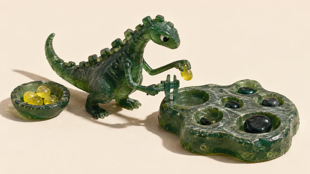 A skeptical green resin dinosaur holds a yellow pebble above a hollow while pressing calipers against its rim. A separate bowl holds yellow pebbles; other hollows contain dark stones. Hard shadows fall across an ivory background.