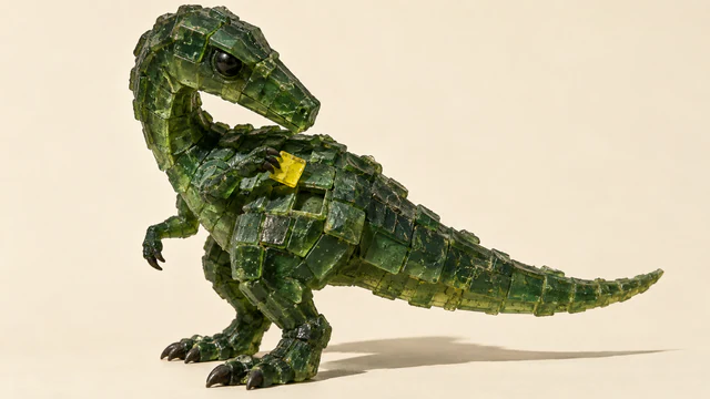 A green translucent resin dinosaur looks toward an intact yellow scale held above an empty socket in its flank, casting a long shadow across an ivory background.