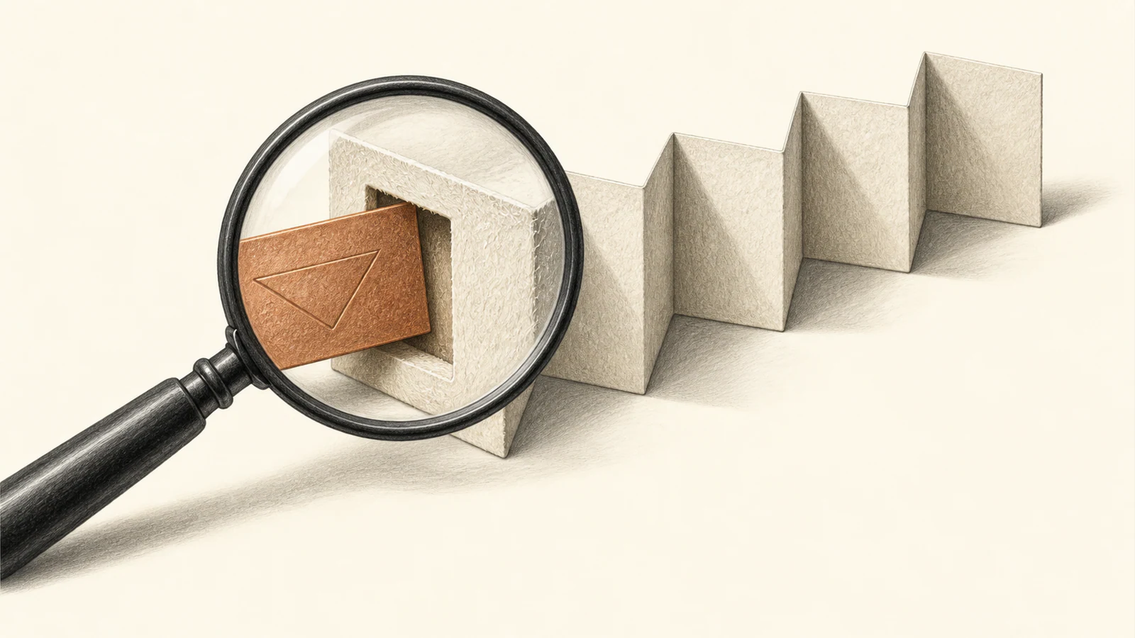 Graphite magnifying glass over a copper-colored insert protruding from the first panel of an ivory accordion-folded paper strip. The insert bears an embossed triangle; the handle extends beyond the lower-left edge.
