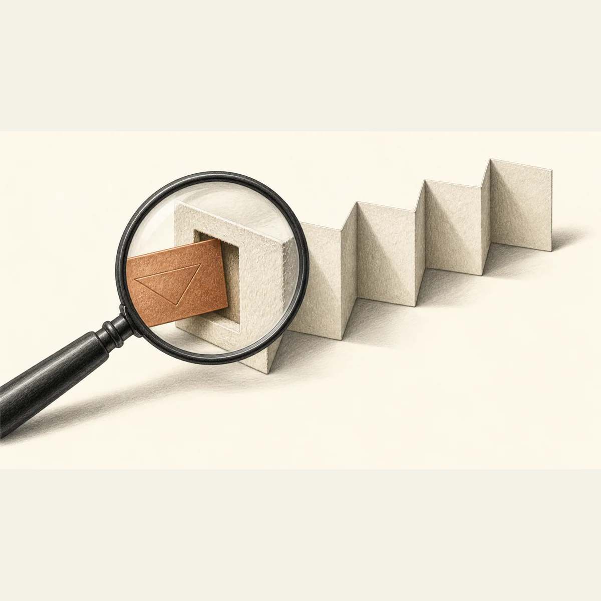 Graphite magnifying glass over a copper-colored insert protruding from the first panel of an ivory accordion-folded paper strip. The insert bears an embossed triangle; the handle extends beyond the lower-left edge.