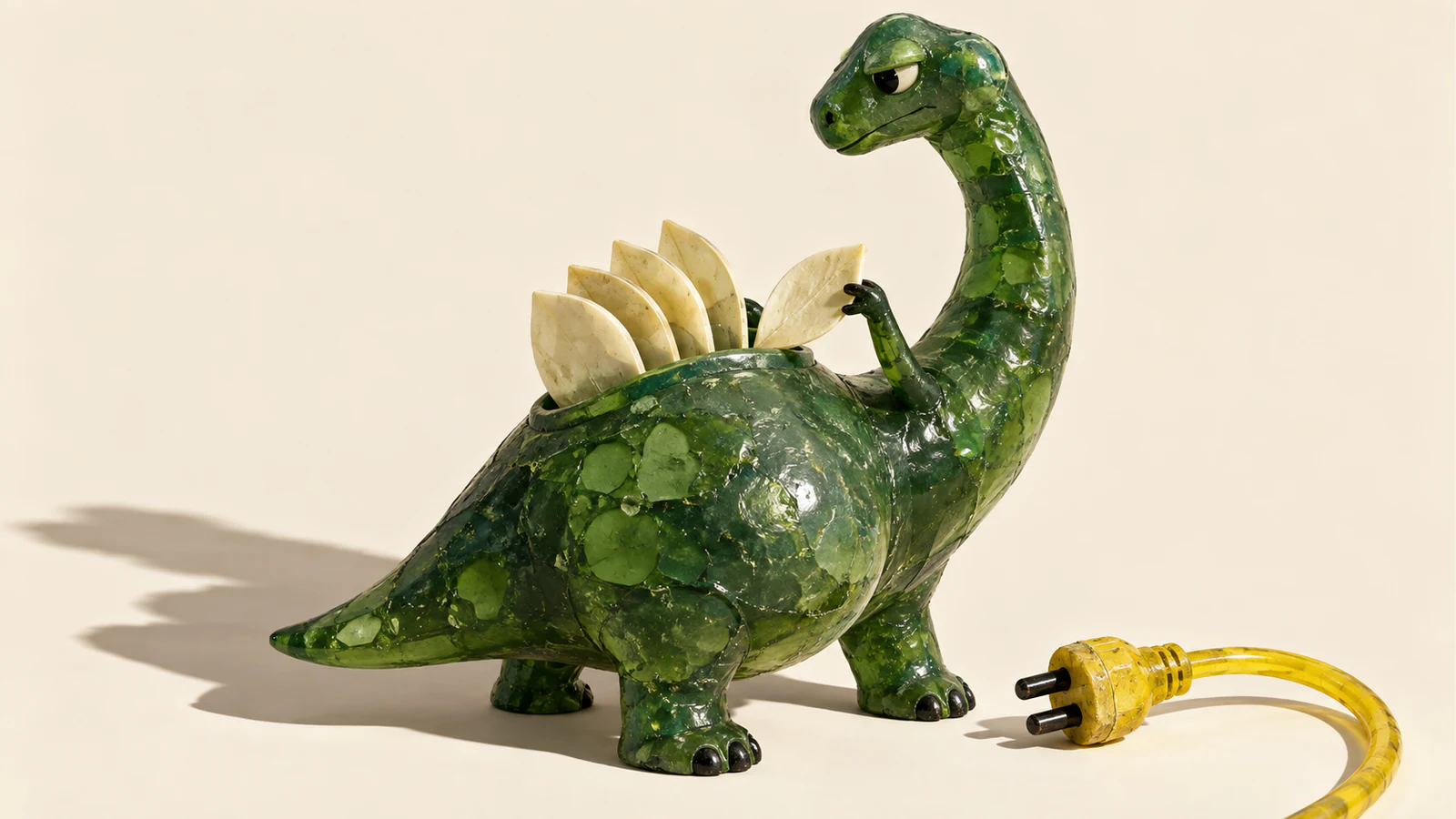A skeptical green resin dinosaur lifts an ivory leaf from the open ridge on its back. A yellow unplugged cable lies beside it on an ivory surface, with hard shadows.