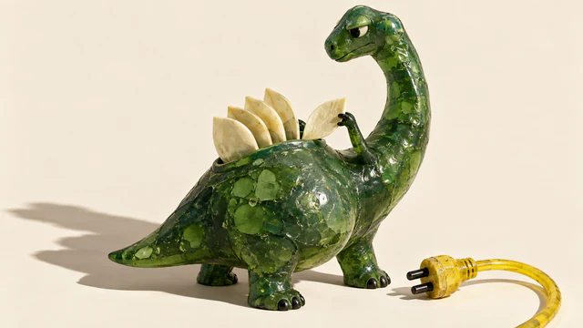 A skeptical green resin dinosaur lifts an ivory leaf from the open ridge on its back. A yellow unplugged cable lies beside it on an ivory surface, with hard shadows.