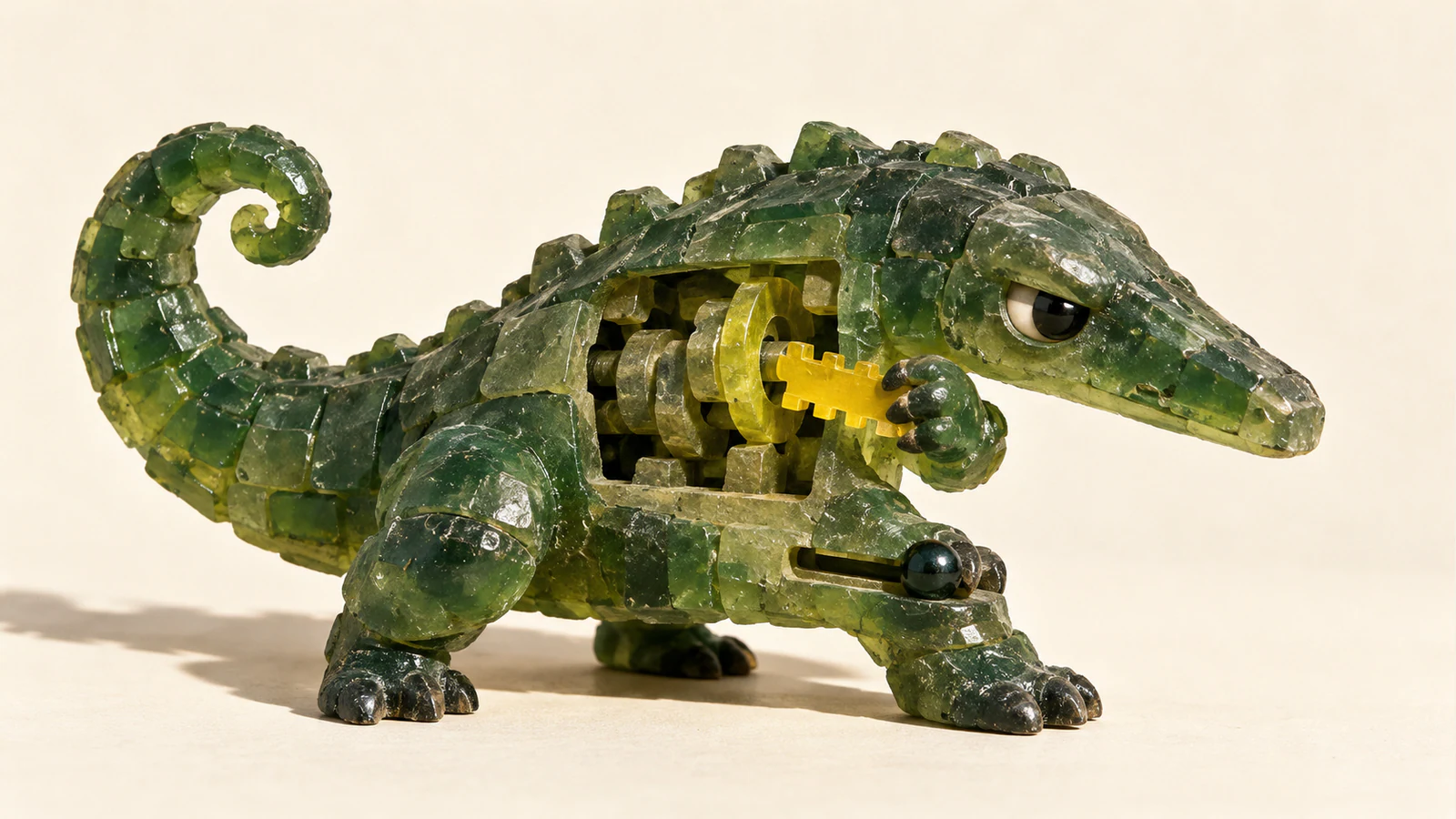 A scuffed translucent green resin dinosaur holds a yellow notched insert in its exposed torso mechanism. A dark bead rests in a groove below, against a warm ivory background.
