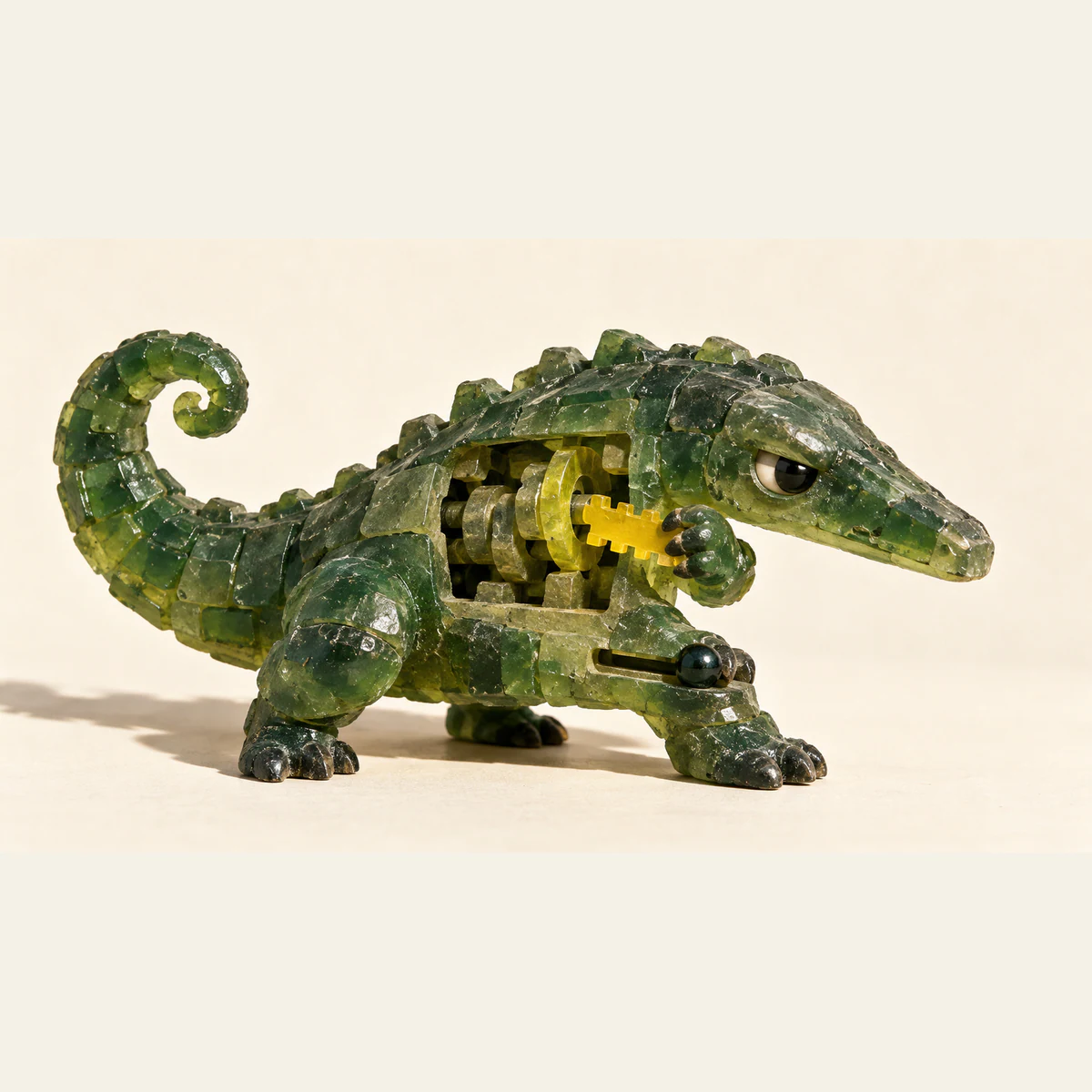 A scuffed translucent green resin dinosaur holds a yellow notched insert in its exposed torso mechanism. A dark bead rests in a groove below, against a warm ivory background.