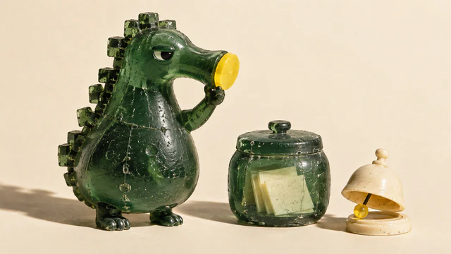 A skeptical green resin dinosaur holds a yellow cap over its trumpet-shaped snout. Beside it sit a closed translucent jar containing blank notes and a separate ivory bell with a tilted yellow clapper, casting hard shadows on warm ivory.
