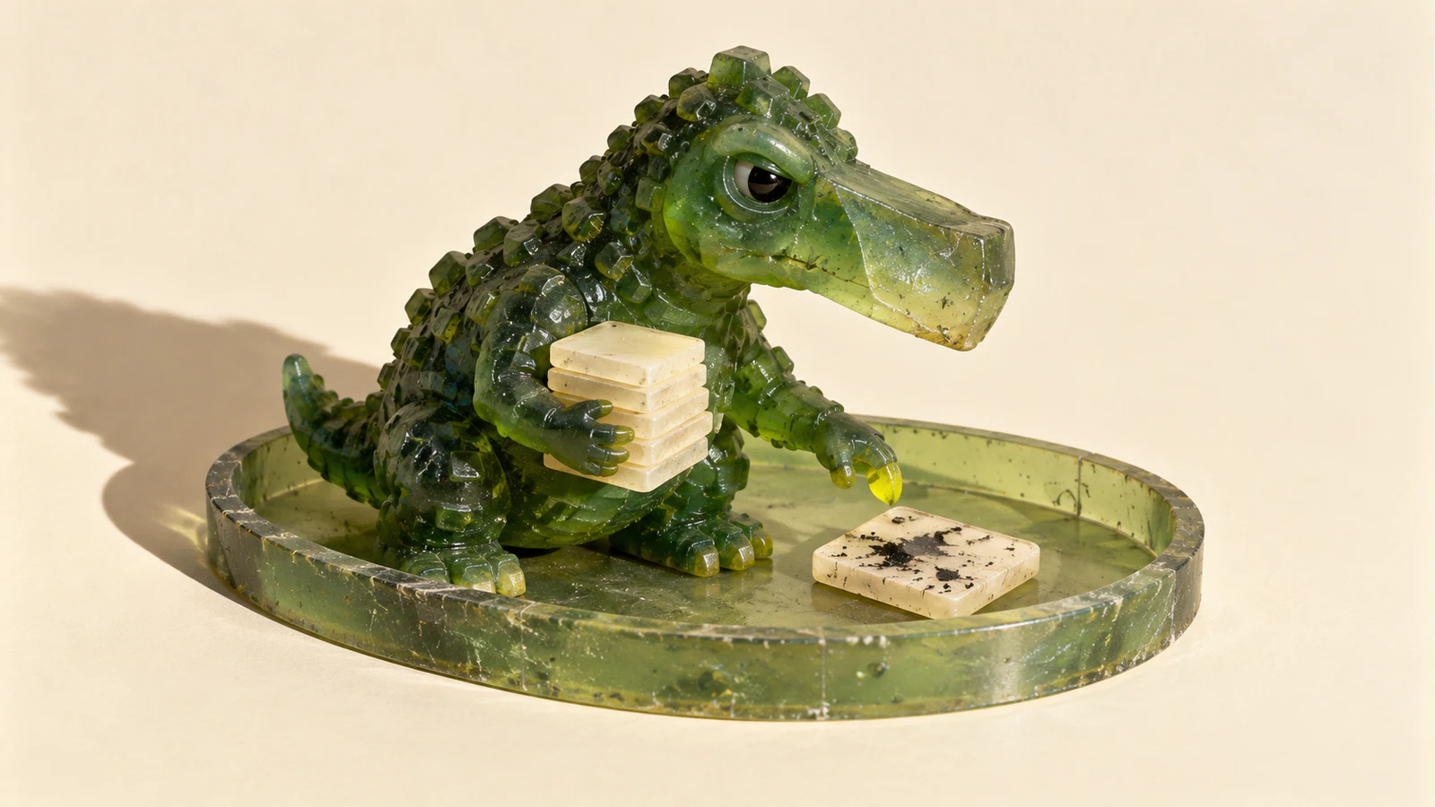 A translucent green resin dinosaur holds a stack of ivory wafers inside a shallow oval tray, hovering a yellow claw above a black-smudged wafer. Hard light casts a long shadow across the warm ivory background.