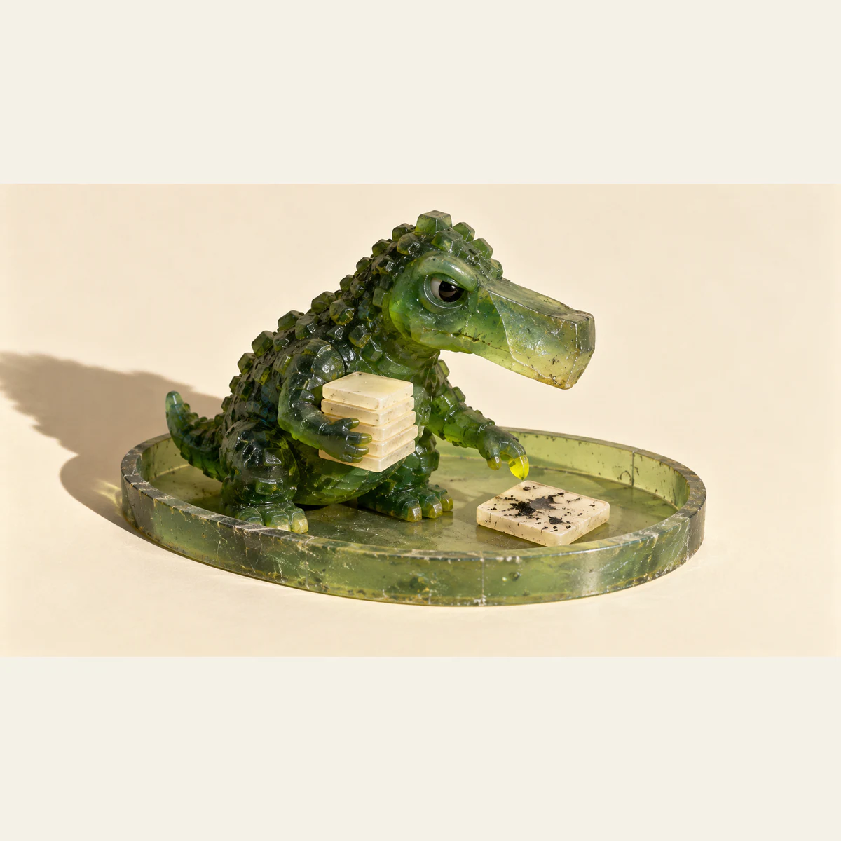 A translucent green resin dinosaur holds a stack of ivory wafers inside a shallow oval tray, hovering a yellow claw above a black-smudged wafer. Hard light casts a long shadow across the warm ivory background.