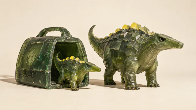 A small green resin dinosaur steps out of a scuffed carrying enclosure beside a much larger dinosaur. Yellow dorsal scales and hard shadows contrast with the warm ivory background.