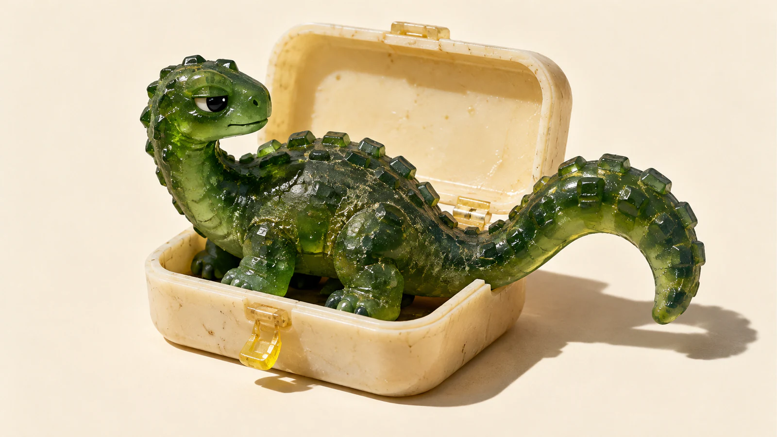 A skeptical green resin dinosaur sits in an open ivory suitcase, its chunky scaled tail hanging over the rim. A yellow clasp and hard shadow punctuate the warm ivory background.