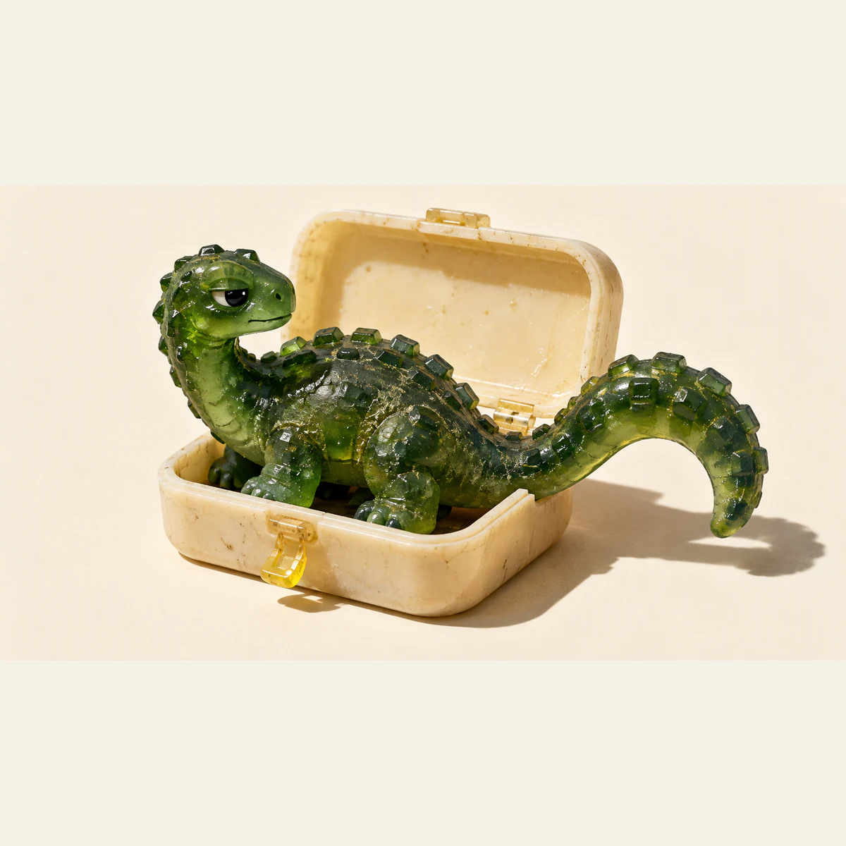 A skeptical green resin dinosaur sits in an open ivory suitcase, its chunky scaled tail hanging over the rim. A yellow clasp and hard shadow punctuate the warm ivory background.