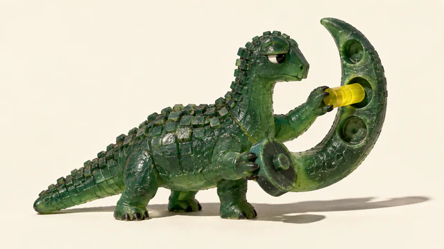 A skeptical green resin dinosaur inserts a yellow peg into the middle of three sockets on a curved appendage while holding a detached wheel, casting a hard shadow across an ivory background.
