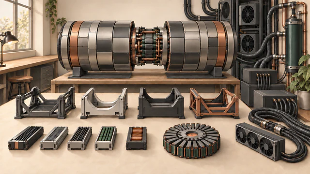 A huge segmented model cylinder waits above four runtime cradles and practical home-serving hardware.